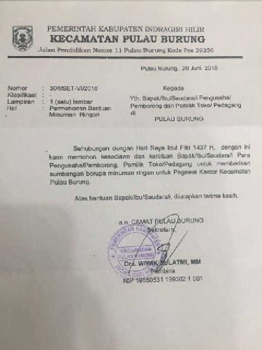 Terkait Surat Minta THR Air Kaleng, Ini Jawaban Sekcam Pulau Burung