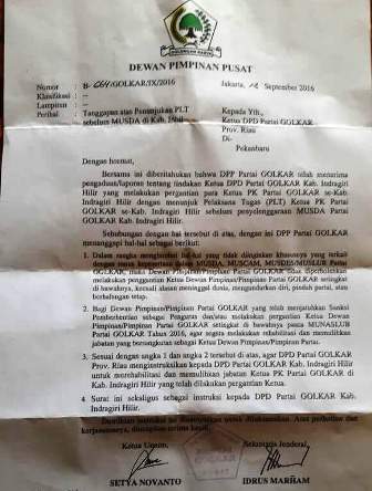 Ditegur DPP, DPD Golkar Inhil Diperintah Rehabilitasi PK yang Dipecat