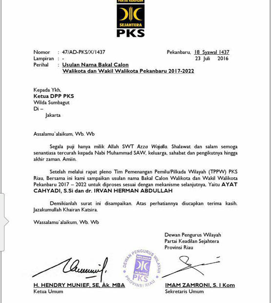 Beredar Surat Usulan DPW PKS Usung Ayat-Irvan di Pilkada Pekanbaru