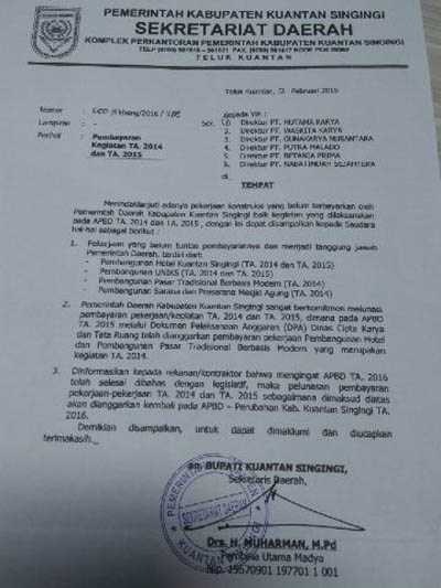 Sekda Pastikan Proyek Tiga Pilar Kuansing Tak Dibayar di APBD P 2016