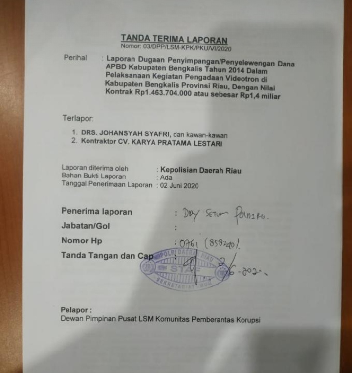LSM KPK Laporkan Dugaan Korupsi Pengadaan Videotron Di Bengkalis 