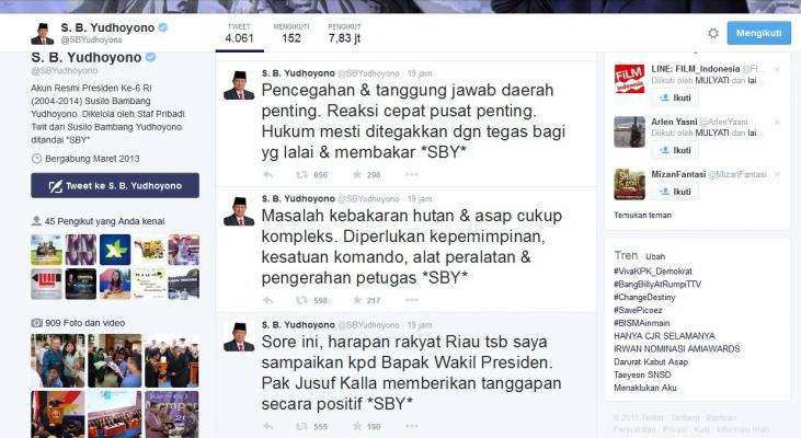 Melalui Media Sosial Online, SBY Pun Turut Menanggapi Keluhan Warga Soal Kabut Asap